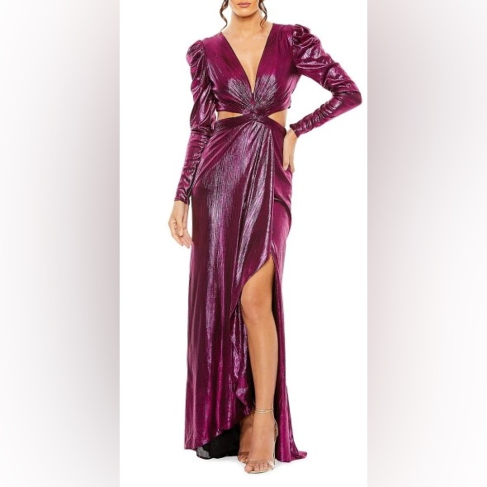 🆕Mac Duggal Princess Sleeve Cut Out Metallic Gown Purple Sz 4
